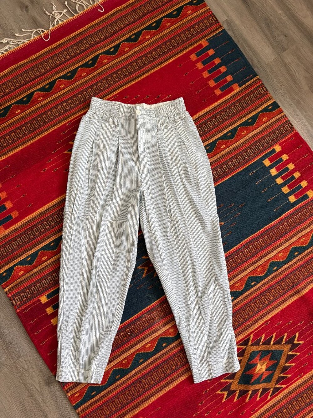 Free People Blue White Seersucker Cropped Pants High Waist Cotton